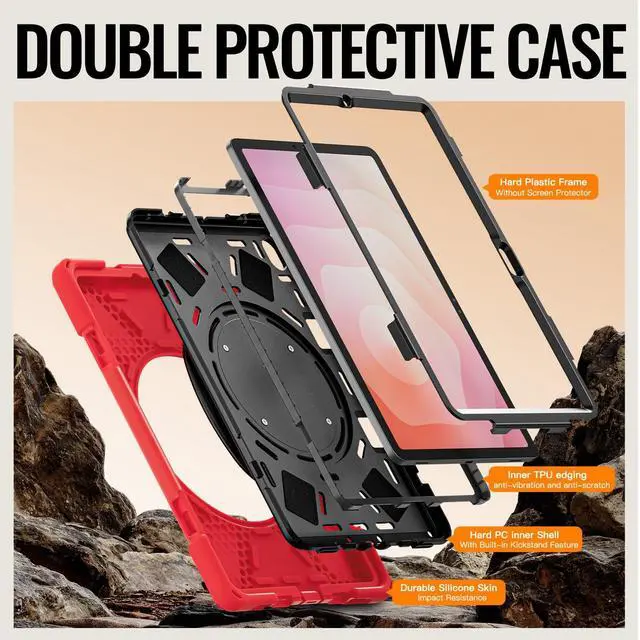 Alt view image 3 of 7 - Rugged Silicone Cover with Handle Grip, 360° Kickstand, Strap & S Pen Holder for Samsung Galaxy Tab S11 11" 2025 (SM-X730/SM-X736B), Red