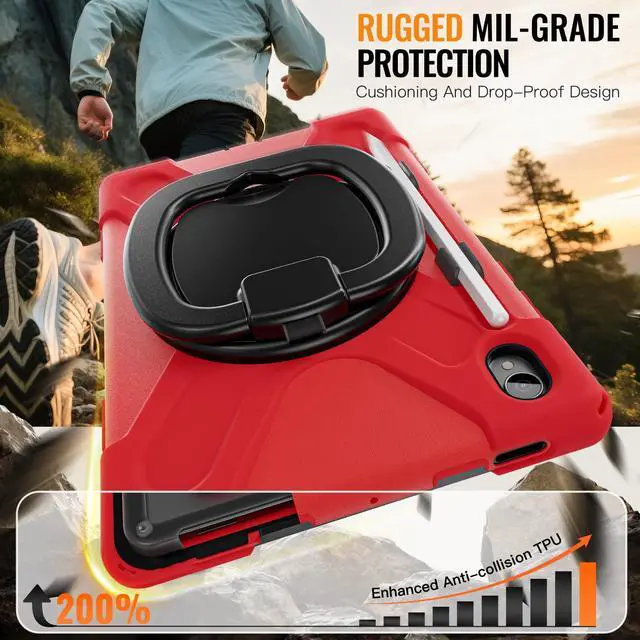 Alt view image 6 of 7 - Rugged Silicone Cover with Handle Grip, 360° Kickstand, Strap & S Pen Holder for Samsung Galaxy Tab S11 11" 2025 (SM-X730/SM-X736B), Red