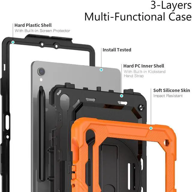 Alt view image 3 of 7 - Heavy Duty Shockproof Case with Screen Protector, 360° Rotating Stand, Hand & Shoulder Strap for Samsung Galaxy Tab S10 FE / S9 FE 5G 10.9" / Tab S9 11", Orange