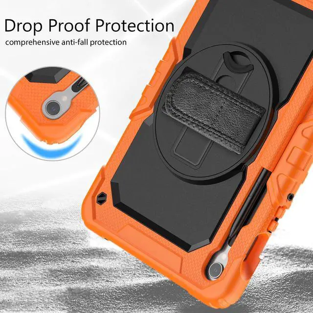 Alt view image 4 of 7 - Heavy Duty Shockproof Case with Screen Protector, 360° Rotating Stand, Hand & Shoulder Strap for Samsung Galaxy Tab S10 FE / S9 FE 5G 10.9" / Tab S9 11", Orange