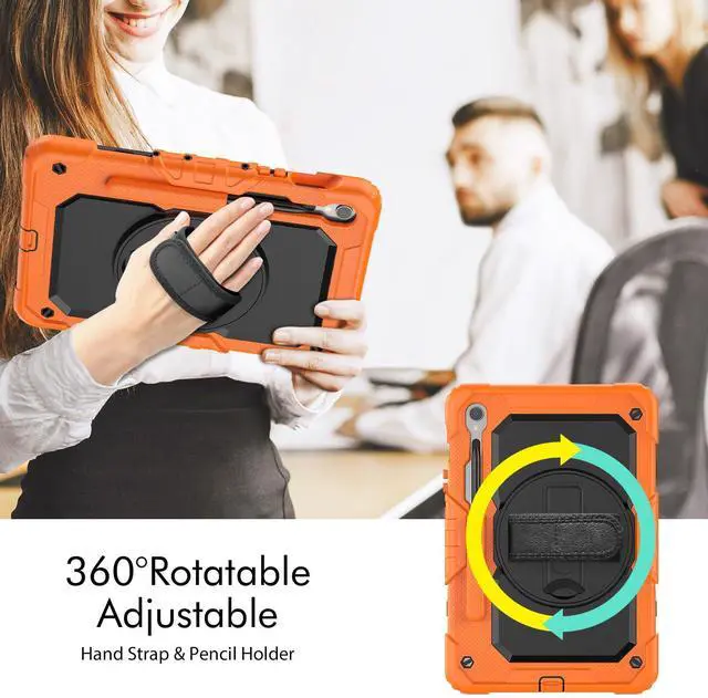Alt view image 6 of 7 - Heavy Duty Shockproof Case with Screen Protector, 360° Rotating Stand, Hand & Shoulder Strap for Samsung Galaxy Tab S10 FE / S9 FE 5G 10.9" / Tab S9 11", Orange