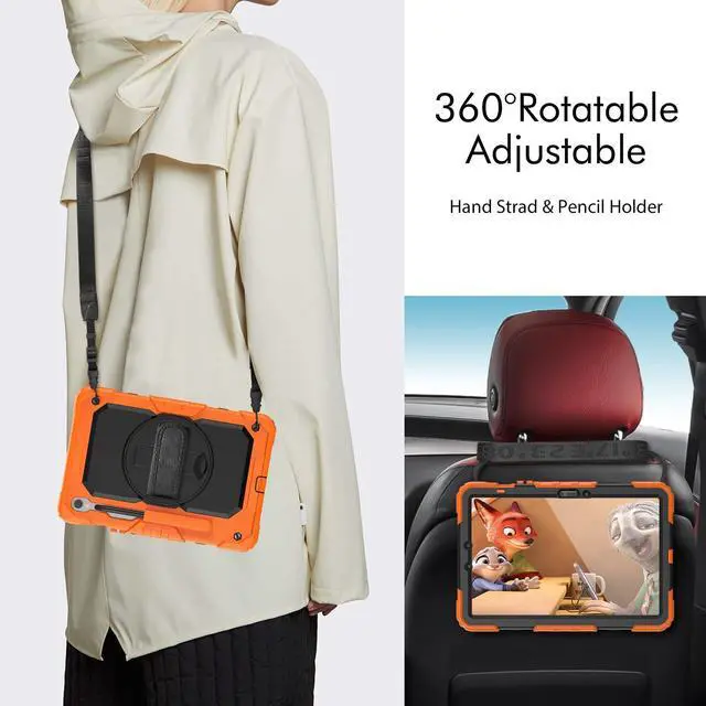 Alt view image 5 of 7 - Heavy Duty Shockproof Case with Screen Protector, 360° Rotating Stand, Hand & Shoulder Strap for Samsung Galaxy Tab S10 FE / S9 FE 5G 10.9" / Tab S9 11", Orange