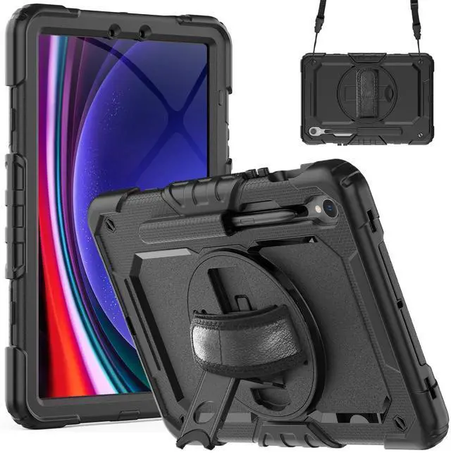 Main image of Heavy Duty Shockproof Case with Screen Protector, 360° Rotating Stand, Hand & Shoulder Strap for Samsung Galaxy Tab S10 FE / S9 FE 5G 10.9" / Tab S9 11", Black