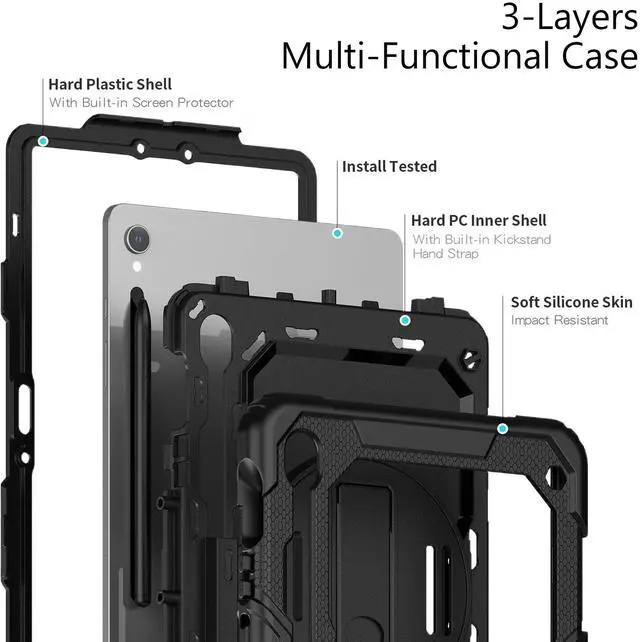 Alt view image 3 of 7 - Heavy Duty Shockproof Case with Screen Protector, 360° Rotating Stand, Hand & Shoulder Strap for Samsung Galaxy Tab S10 FE / S9 FE 5G 10.9" / Tab S9 11", Black