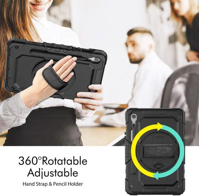 Alt view image 7 of 7 - Heavy Duty Shockproof Case with Screen Protector, 360° Rotating Stand, Hand & Shoulder Strap for Samsung Galaxy Tab S10 FE / S9 FE 5G 10.9" / Tab S9 11", Black