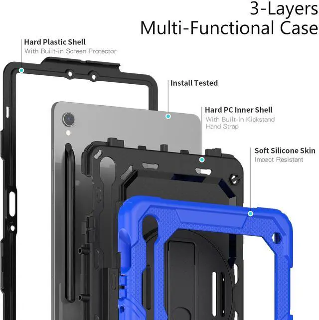 Alt view image 3 of 7 - Heavy Duty Shockproof Case with Screen Protector, 360° Rotating Stand, Hand & Shoulder Strap for Samsung Galaxy Tab S10 FE / S9 FE 5G 10.9" / Tab S9 11", Blue