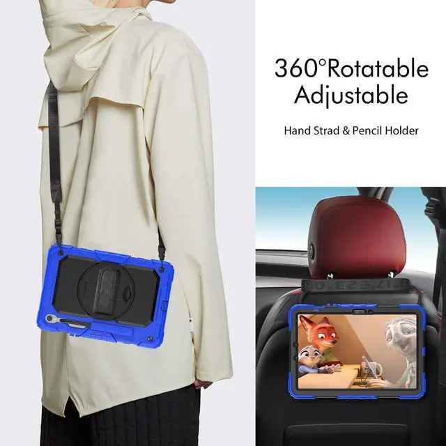 Alt view image 6 of 7 - Heavy Duty Shockproof Case with Screen Protector, 360° Rotating Stand, Hand & Shoulder Strap for Samsung Galaxy Tab S10 FE / S9 FE 5G 10.9" / Tab S9 11", Blue