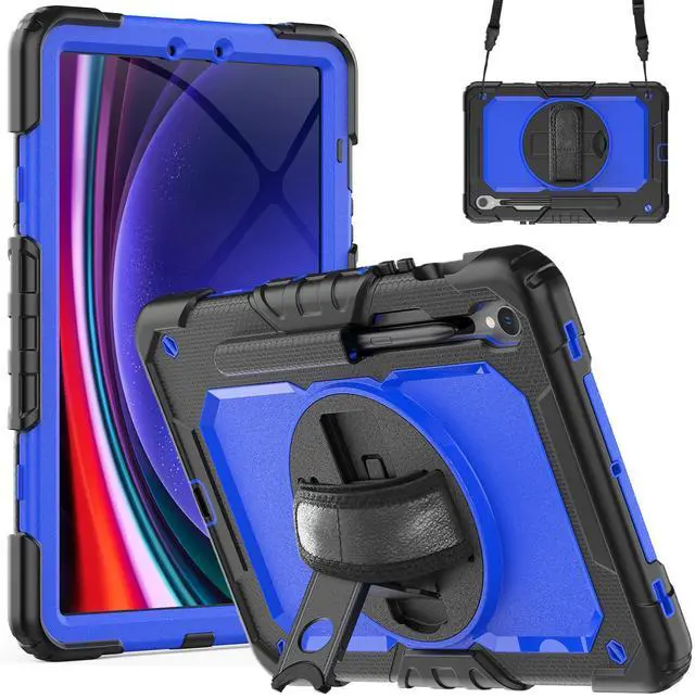 Main image of Heavy Duty Shockproof Case with Screen Protector, 360° Rotating Stand, Hand & Shoulder Strap for Samsung Galaxy Tab S10 FE / S9 FE 5G 10.9" / Tab S9 11", BluePC