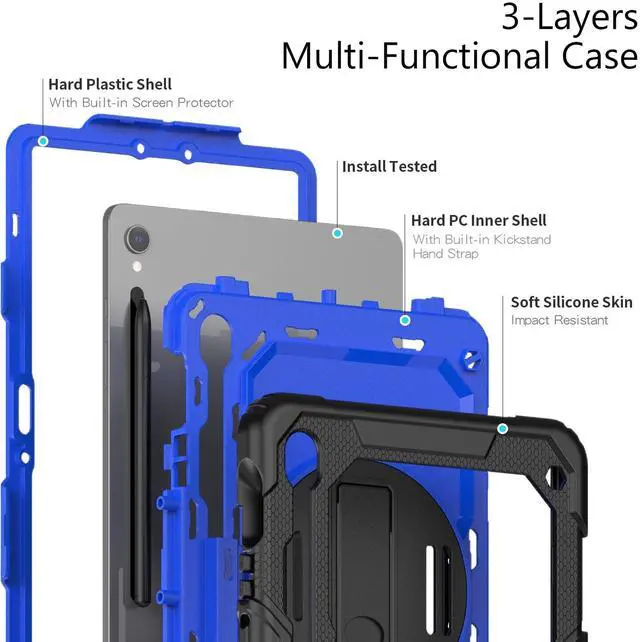 Alt view image 3 of 7 - Heavy Duty Shockproof Case with Screen Protector, 360° Rotating Stand, Hand & Shoulder Strap for Samsung Galaxy Tab S10 FE / S9 FE 5G 10.9" / Tab S9 11", BluePC