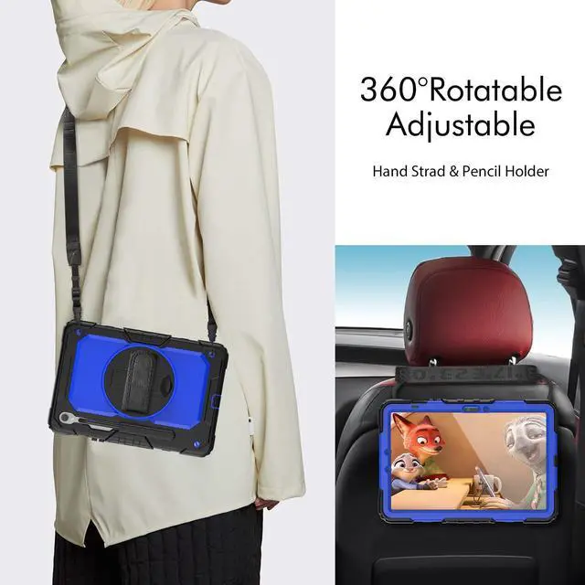 Alt view image 6 of 7 - Heavy Duty Shockproof Case with Screen Protector, 360° Rotating Stand, Hand & Shoulder Strap for Samsung Galaxy Tab S10 FE / S9 FE 5G 10.9" / Tab S9 11", BluePC