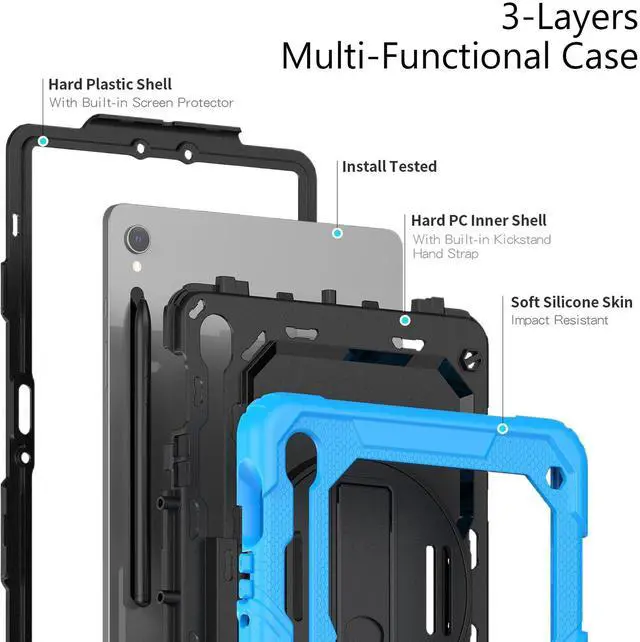 Alt view image 3 of 7 - Heavy Duty Shockproof Case with Screen Protector, 360° Rotating Stand, Hand & Shoulder Strap for Samsung Galaxy Tab S10 FE / S9 FE 5G 10.9" / Tab S9 11",Light Blue
