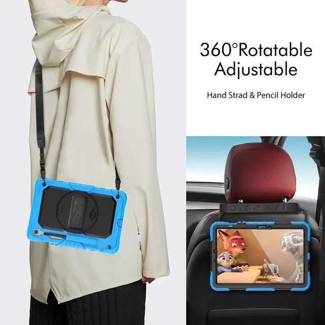 Alt view image 6 of 7 - Heavy Duty Shockproof Case with Screen Protector, 360° Rotating Stand, Hand & Shoulder Strap for Samsung Galaxy Tab S10 FE / S9 FE 5G 10.9" / Tab S9 11",Light Blue