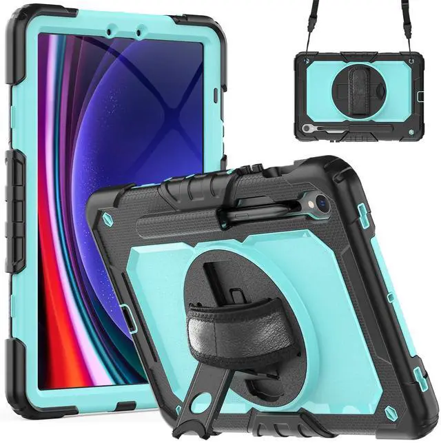 Main image of Heavy Duty Shockproof Case with Screen Protector, 360° Rotating Stand, Hand & Shoulder Strap for Samsung Galaxy Tab S10 FE / S9 FE 5G 10.9" / Tab S9 11",Light bluePC