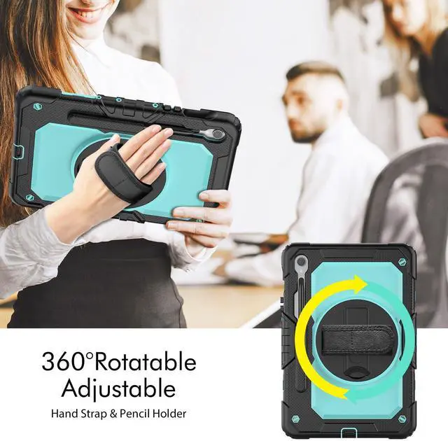 Alt view image 3 of 7 - Heavy Duty Shockproof Case with Screen Protector, 360° Rotating Stand, Hand & Shoulder Strap for Samsung Galaxy Tab S10 FE / S9 FE 5G 10.9" / Tab S9 11",Light bluePC
