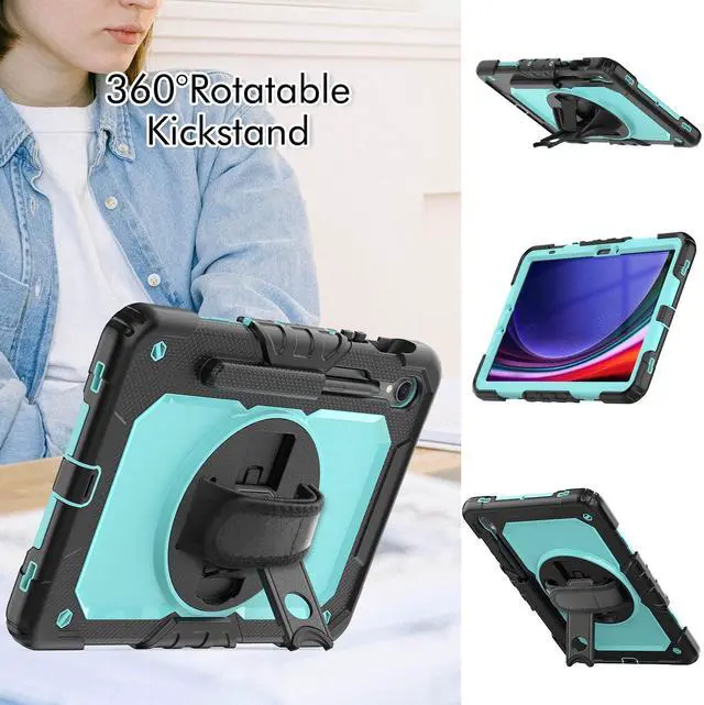 Alt view image 4 of 7 - Heavy Duty Shockproof Case with Screen Protector, 360° Rotating Stand, Hand & Shoulder Strap for Samsung Galaxy Tab S10 FE / S9 FE 5G 10.9" / Tab S9 11",Light bluePC