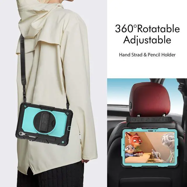 Alt view image 6 of 7 - Heavy Duty Shockproof Case with Screen Protector, 360° Rotating Stand, Hand & Shoulder Strap for Samsung Galaxy Tab S10 FE / S9 FE 5G 10.9" / Tab S9 11",Light bluePC