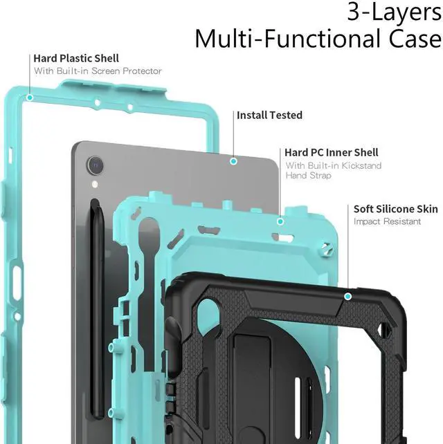Alt view image 7 of 7 - Heavy Duty Shockproof Case with Screen Protector, 360° Rotating Stand, Hand & Shoulder Strap for Samsung Galaxy Tab S10 FE / S9 FE 5G 10.9" / Tab S9 11",Light bluePC