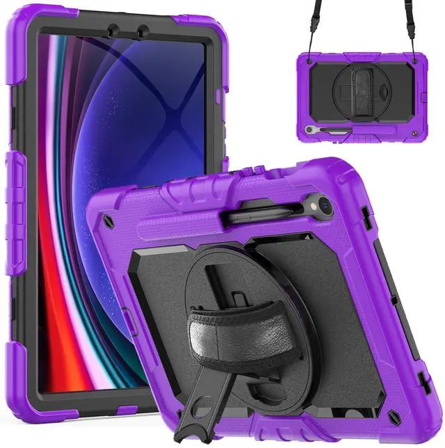 Main image of Heavy Duty Shockproof Case with Screen Protector, 360° Rotating Stand, Hand & Shoulder Strap for Samsung Galaxy Tab S10 FE / S9 FE 5G 10.9" / Tab S9 11",Purple