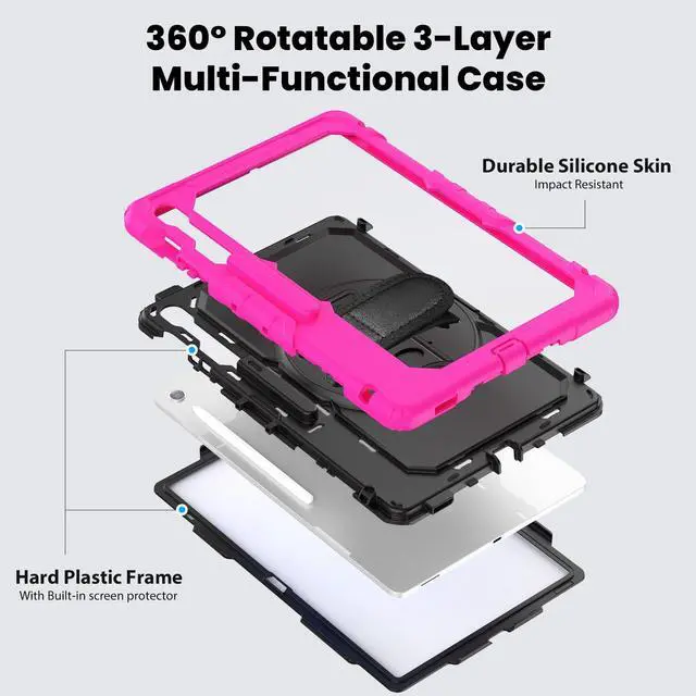 Alt view image 3 of 7 - Heavy Duty Shockproof Case with Screen Protector, 360° Rotating Stand, Hand & Shoulder Strap for Samsung Galaxy Tab S10 FE+ 13.1" 2025 (X620/X626B), Rose