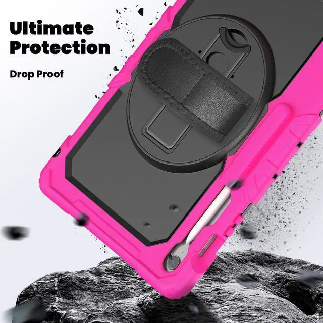 Alt view image 4 of 7 - Heavy Duty Shockproof Case with Screen Protector, 360° Rotating Stand, Hand & Shoulder Strap for Samsung Galaxy Tab S10 FE+ 13.1" 2025 (X620/X626B), Rose