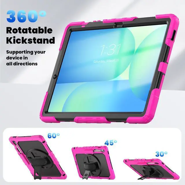 Alt view image 6 of 7 - Heavy Duty Shockproof Case with Screen Protector, 360° Rotating Stand, Hand & Shoulder Strap for Samsung Galaxy Tab S10 FE+ 13.1" 2025 (X620/X626B), Rose