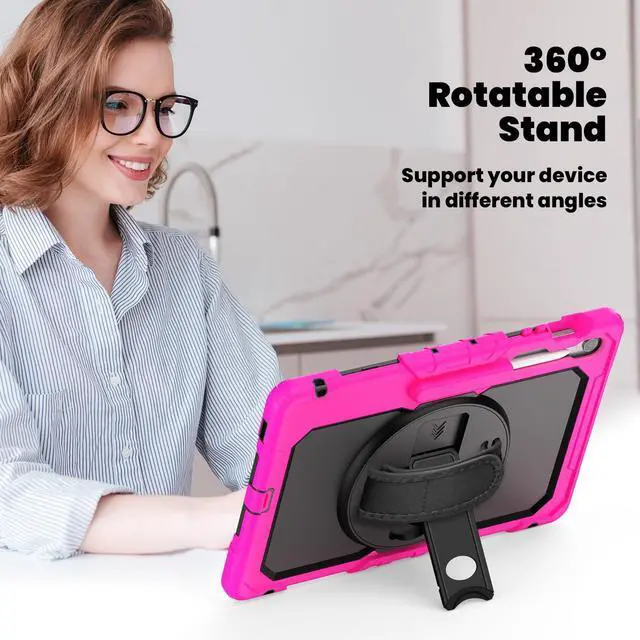 Alt view image 5 of 7 - Heavy Duty Shockproof Case with Screen Protector, 360° Rotating Stand, Hand & Shoulder Strap for Samsung Galaxy Tab S10 FE+ 13.1" 2025 (X620/X626B), Rose