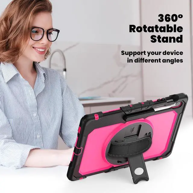 Alt view image 5 of 7 - Heavy Duty Shockproof Case with Screen Protector, 360° Rotating Stand, Hand & Shoulder Strap for Samsung Galaxy Tab S10 FE+ 13.1" 2025 (X620/X626B), RosePC