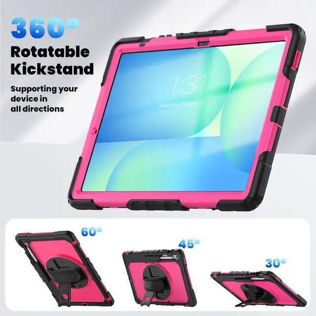 Alt view image 6 of 7 - Heavy Duty Shockproof Case with Screen Protector, 360° Rotating Stand, Hand & Shoulder Strap for Samsung Galaxy Tab S10 FE+ 13.1" 2025 (X620/X626B), RosePC