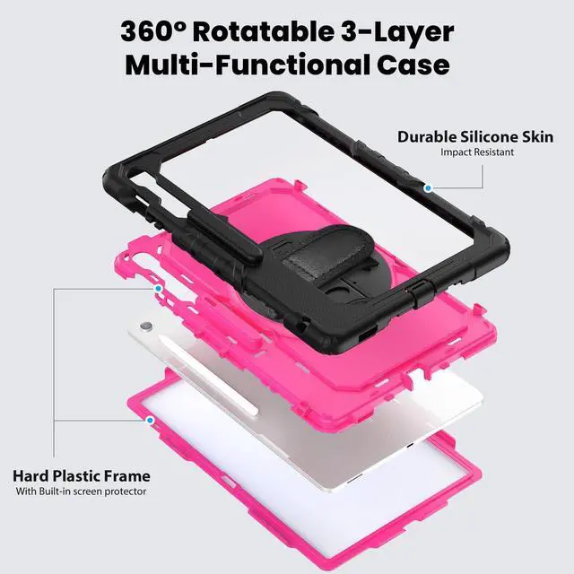 Alt view image 3 of 7 - Heavy Duty Shockproof Case with Screen Protector, 360° Rotating Stand, Hand & Shoulder Strap for Samsung Galaxy Tab S10 FE+ 13.1" 2025 (X620/X626B), RosePC