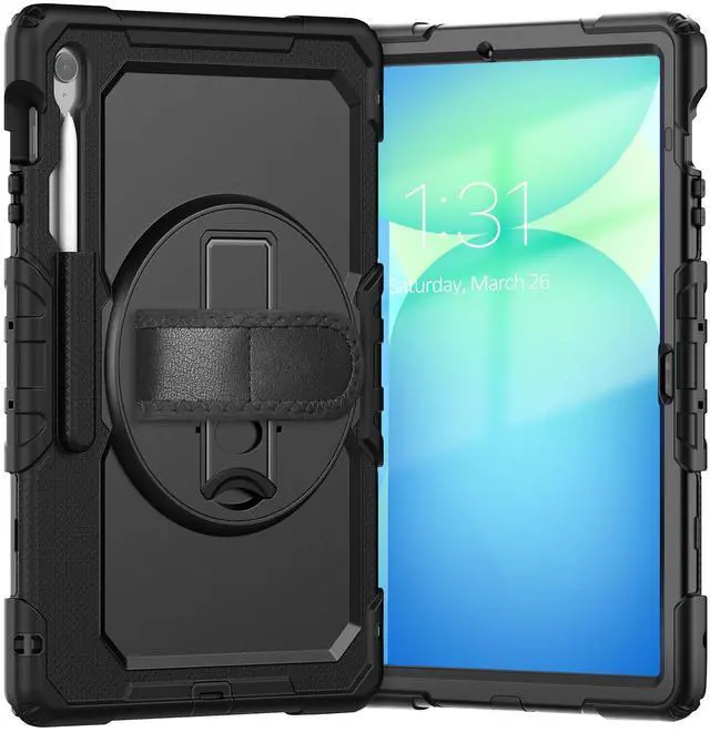 Main image of Heavy Duty Shockproof Case with Screen Protector, 360° Rotating Stand, Hand & Shoulder Strap for Samsung Galaxy Tab S10 FE+ 13.1" 2025 (X620/X626B), Black