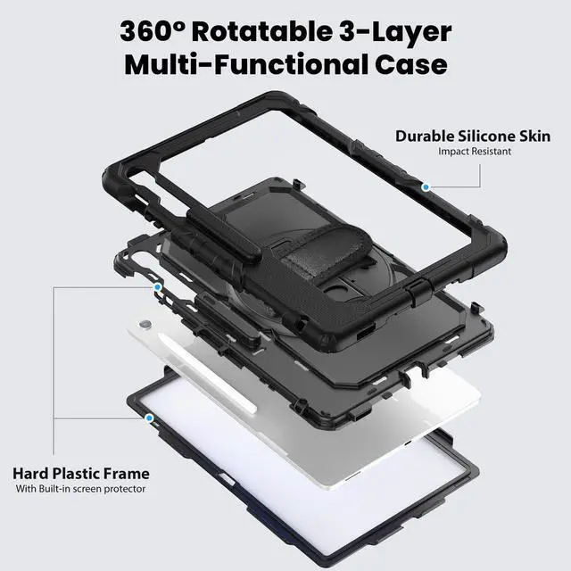 Alt view image 3 of 7 - Heavy Duty Shockproof Case with Screen Protector, 360° Rotating Stand, Hand & Shoulder Strap for Samsung Galaxy Tab S10 FE+ 13.1" 2025 (X620/X626B), Black