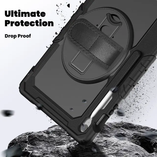 Alt view image 4 of 7 - Heavy Duty Shockproof Case with Screen Protector, 360° Rotating Stand, Hand & Shoulder Strap for Samsung Galaxy Tab S10 FE+ 13.1" 2025 (X620/X626B), Black