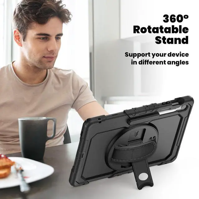Alt view image 5 of 7 - Heavy Duty Shockproof Case with Screen Protector, 360° Rotating Stand, Hand & Shoulder Strap for Samsung Galaxy Tab S10 FE+ 13.1" 2025 (X620/X626B), Black