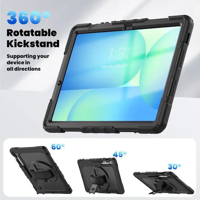 Alt view image 6 of 7 - Heavy Duty Shockproof Case with Screen Protector, 360° Rotating Stand, Hand & Shoulder Strap for Samsung Galaxy Tab S10 FE+ 13.1" 2025 (X620/X626B), Black