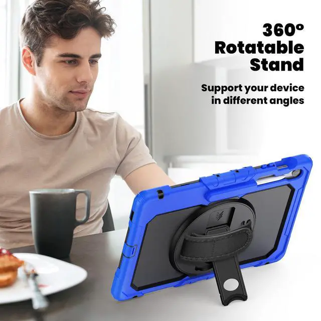 Alt view image 5 of 7 - Heavy Duty Shockproof Case with Screen Protector, 360° Rotating Stand, Hand & Shoulder Strap for Samsung Galaxy Tab S10 FE+ 13.1" 2025 (X620/X626B), Blue