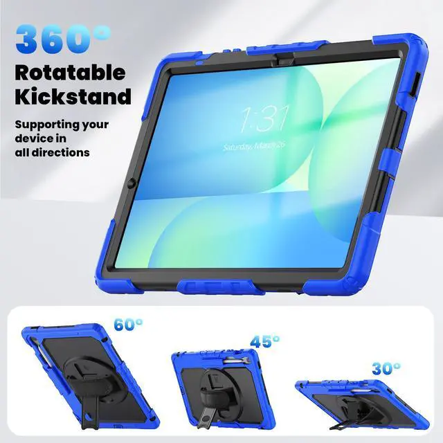 Alt view image 6 of 7 - Heavy Duty Shockproof Case with Screen Protector, 360° Rotating Stand, Hand & Shoulder Strap for Samsung Galaxy Tab S10 FE+ 13.1" 2025 (X620/X626B), Blue
