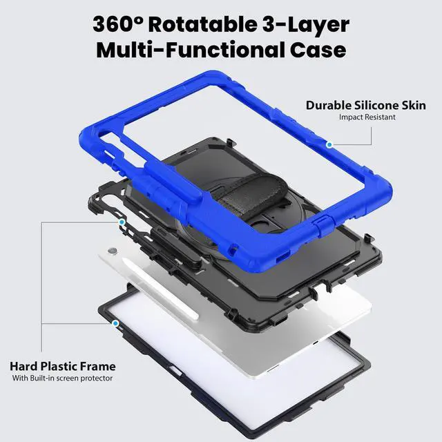 Alt view image 3 of 7 - Heavy Duty Shockproof Case with Screen Protector, 360° Rotating Stand, Hand & Shoulder Strap for Samsung Galaxy Tab S10 FE+ 13.1" 2025 (X620/X626B), Blue