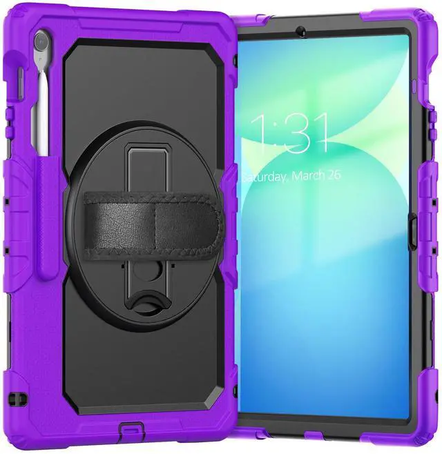 Main image of Heavy Duty Shockproof Case with Screen Protector, 360° Rotating Stand, Hand & Shoulder Strap for Samsung Galaxy Tab S10 FE+ 13.1" 2025 (X620/X626B), Purple