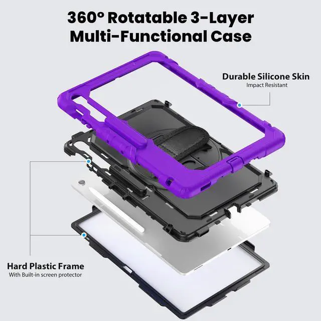 Alt view image 3 of 7 - Heavy Duty Shockproof Case with Screen Protector, 360° Rotating Stand, Hand & Shoulder Strap for Samsung Galaxy Tab S10 FE+ 13.1" 2025 (X620/X626B), Purple