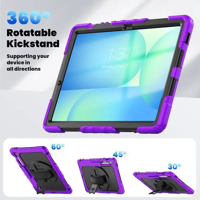 Alt view image 6 of 7 - Heavy Duty Shockproof Case with Screen Protector, 360° Rotating Stand, Hand & Shoulder Strap for Samsung Galaxy Tab S10 FE+ 13.1" 2025 (X620/X626B), Purple