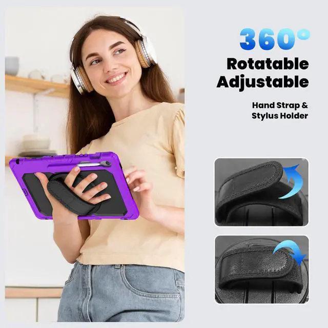 Alt view image 7 of 7 - Heavy Duty Shockproof Case with Screen Protector, 360° Rotating Stand, Hand & Shoulder Strap for Samsung Galaxy Tab S10 FE+ 13.1" 2025 (X620/X626B), Purple