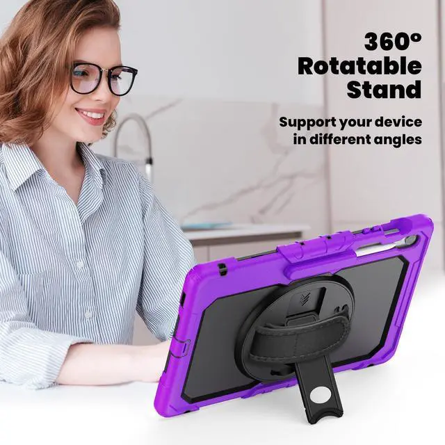 Alt view image 5 of 7 - Heavy Duty Shockproof Case with Screen Protector, 360° Rotating Stand, Hand & Shoulder Strap for Samsung Galaxy Tab S10 FE+ 13.1" 2025 (X620/X626B), Purple