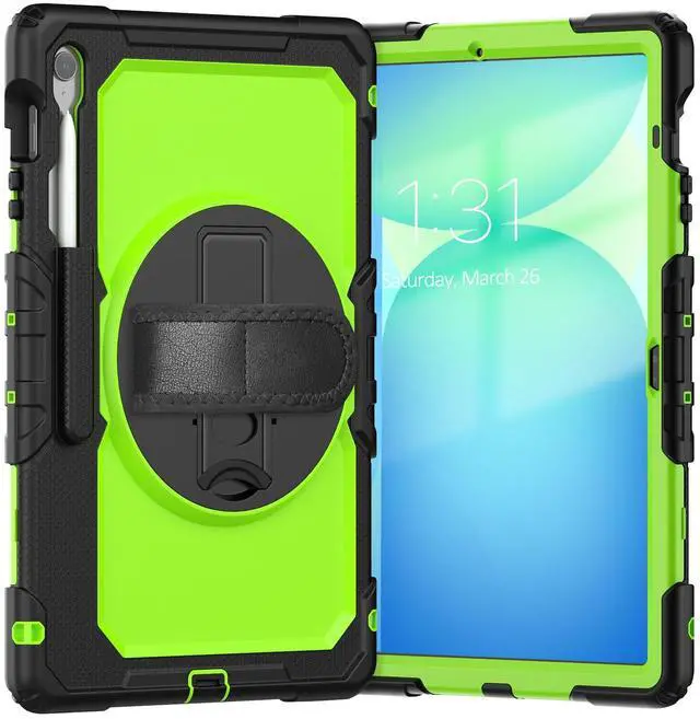 Main image of Heavy Duty Shockproof Case with Screen Protector, 360° Rotating Stand, Hand & Shoulder Strap for Samsung Galaxy Tab S10 FE+ 13.1" 2025 (X620/X626B), GreenPC