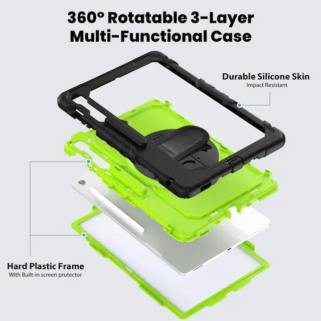 Alt view image 3 of 7 - Heavy Duty Shockproof Case with Screen Protector, 360° Rotating Stand, Hand & Shoulder Strap for Samsung Galaxy Tab S10 FE+ 13.1" 2025 (X620/X626B), GreenPC