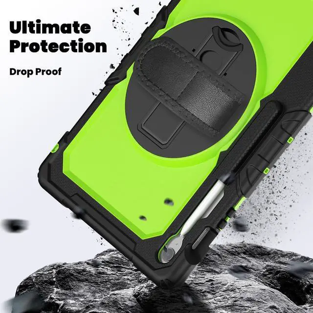 Alt view image 4 of 7 - Heavy Duty Shockproof Case with Screen Protector, 360° Rotating Stand, Hand & Shoulder Strap for Samsung Galaxy Tab S10 FE+ 13.1" 2025 (X620/X626B), GreenPC
