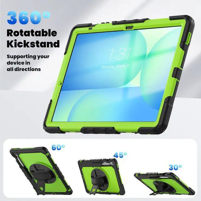 Alt view image 6 of 7 - Heavy Duty Shockproof Case with Screen Protector, 360° Rotating Stand, Hand & Shoulder Strap for Samsung Galaxy Tab S10 FE+ 13.1" 2025 (X620/X626B), GreenPC