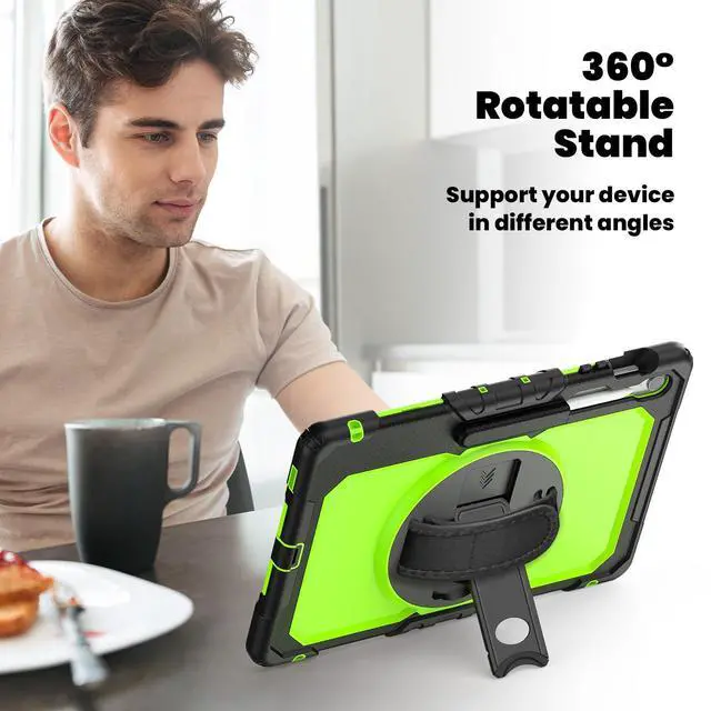 Alt view image 5 of 7 - Heavy Duty Shockproof Case with Screen Protector, 360° Rotating Stand, Hand & Shoulder Strap for Samsung Galaxy Tab S10 FE+ 13.1" 2025 (X620/X626B), GreenPC