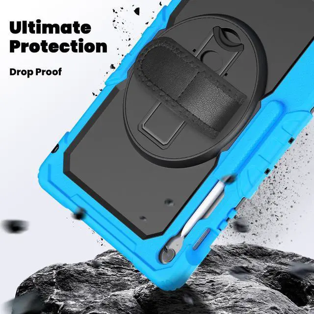 Alt view image 4 of 7 - Heavy Duty Shockproof Case with Screen Protector, 360° Rotating Stand, Hand & Shoulder Strap for Samsung Galaxy Tab S10 FE+ 13.1" 2025 (X620/X626B), Light Blue
