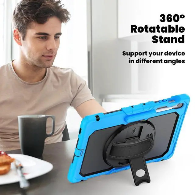 Alt view image 5 of 7 - Heavy Duty Shockproof Case with Screen Protector, 360° Rotating Stand, Hand & Shoulder Strap for Samsung Galaxy Tab S10 FE+ 13.1" 2025 (X620/X626B), Light Blue