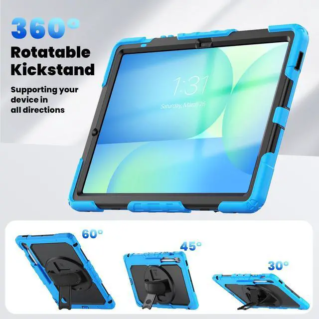 Alt view image 6 of 7 - Heavy Duty Shockproof Case with Screen Protector, 360° Rotating Stand, Hand & Shoulder Strap for Samsung Galaxy Tab S10 FE+ 13.1" 2025 (X620/X626B), Light Blue